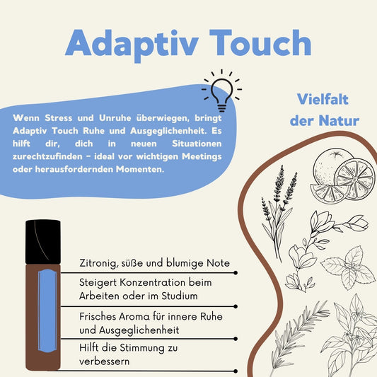 Illustration mit dōTERRA Adaptiv Touch Roll-On und Pflanzenmotiven: zitronig-blumiger Duft, fördert Konzentration, innere Ruhe und positive Stimmung.