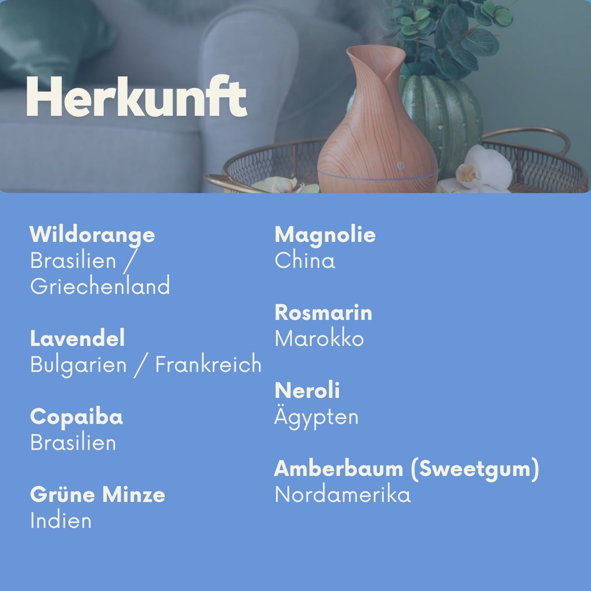 Infografik zur Herkunft der Adaptiv Touch Inhaltsstoffe: Wildorange, Lavendel, Copaiba, Grüne Minze, Magnolie, Rosmarin, Neroli und Amberbaum aus Brasilien, China, Indien u. a.