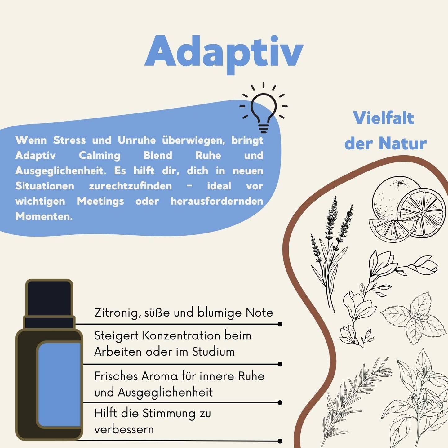 Illustration mit dōTERRA Adaptiv-Flasche und Pflanzen: beschreibt zitronig-blumigen Duft, fördert innere Ruhe, Konzentration und positive Stimmung.