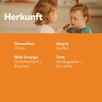 Infografik mit Herkunft der Brave-Inhaltsstoffe: Osmanthus aus China, Amyris aus der Karibik, Wildorange aus Griechenland / Brasilien, Zimt aus Madagaskar / Sri Lanka.