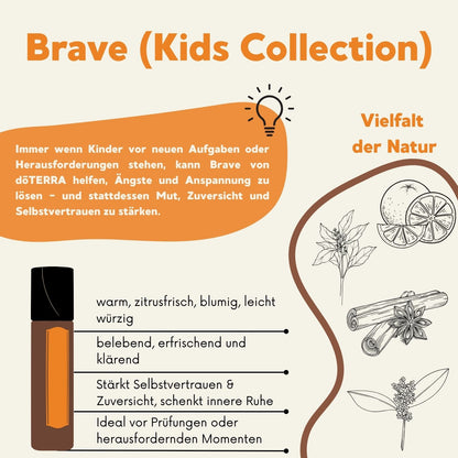 Illustration mit dōTERRA Brave Roll-On und Pflanzenmotiven: beschreibt warm-zitrusfrischen Duft, stärkt Selbstvertrauen, schenkt Ruhe und Zuversicht bei neuen Aufgaben.