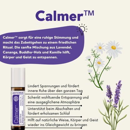 Calmer Roll-On – sanfte Mischung mit Lavendel, Kamille, Buddha-Holz und Cananga zur Förderung von Ruhe und erholsamem Schlaf.