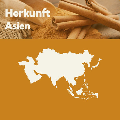 Infografik zur Herkunft von dōTERRA Cassia – Karte Asiens mit Zimtstangen, zeigt den Ursprung des ätherischen Cassia-Öls.