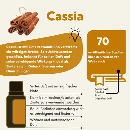 Infografik zu dōTERRA Cassia: süßer, minzig-frischer Duft, wirkt wärmend, beruhigend, motivierend und kann als Zimtersatz in Speisen verwendet werden.