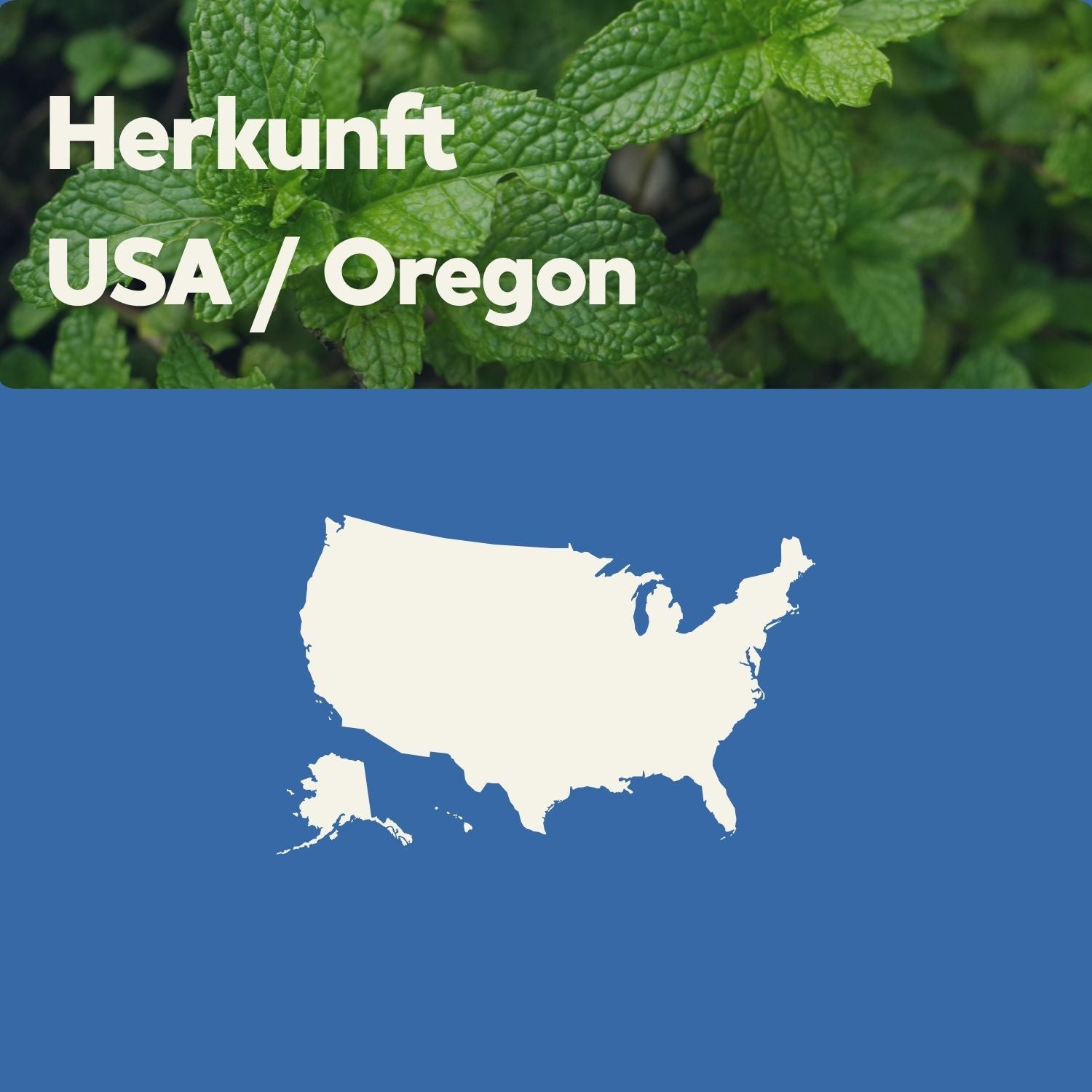 Grünes Pfefferminzblatt im oberen Bildbereich, darunter eine weiße Silhouette der USA auf blauem Hintergrund mit dem Text „Herkunft: USA / Oregon