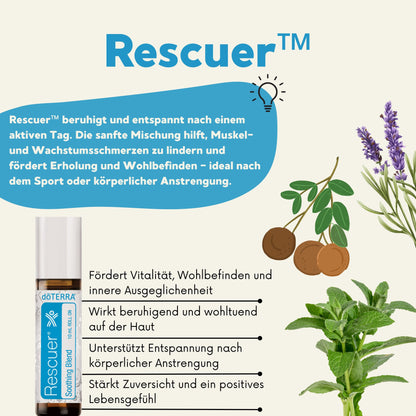 Rescuer Roll-On – beruhigende Mischung mit Pfefferminze, Lavendel und Copaiba, unterstützt Entspannung und Erholung nach körperlicher Aktivität.