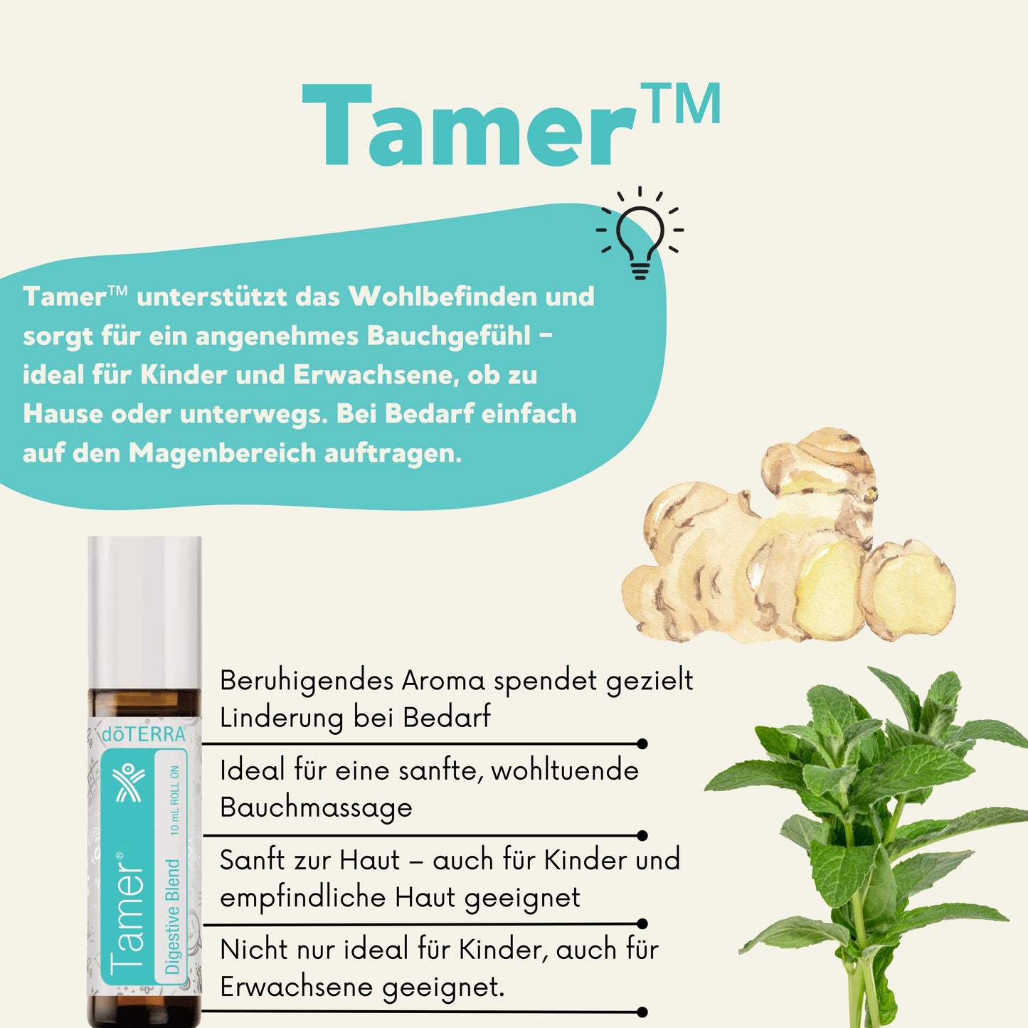 Tamer Roll-On – beruhigende Ölmischung für Kinder und Erwachsene mit Ingwer und Pfefferminze zur Unterstützung des Verdauungswohlbefindens.