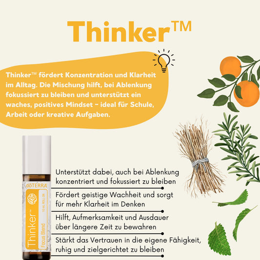 Thinker Roll-On – Mischung zur Steigerung von Fokus, Klarheit und geistiger Wachheit mit Noten von Rosmarin, Zedernholz und Zitrusfrüchten.