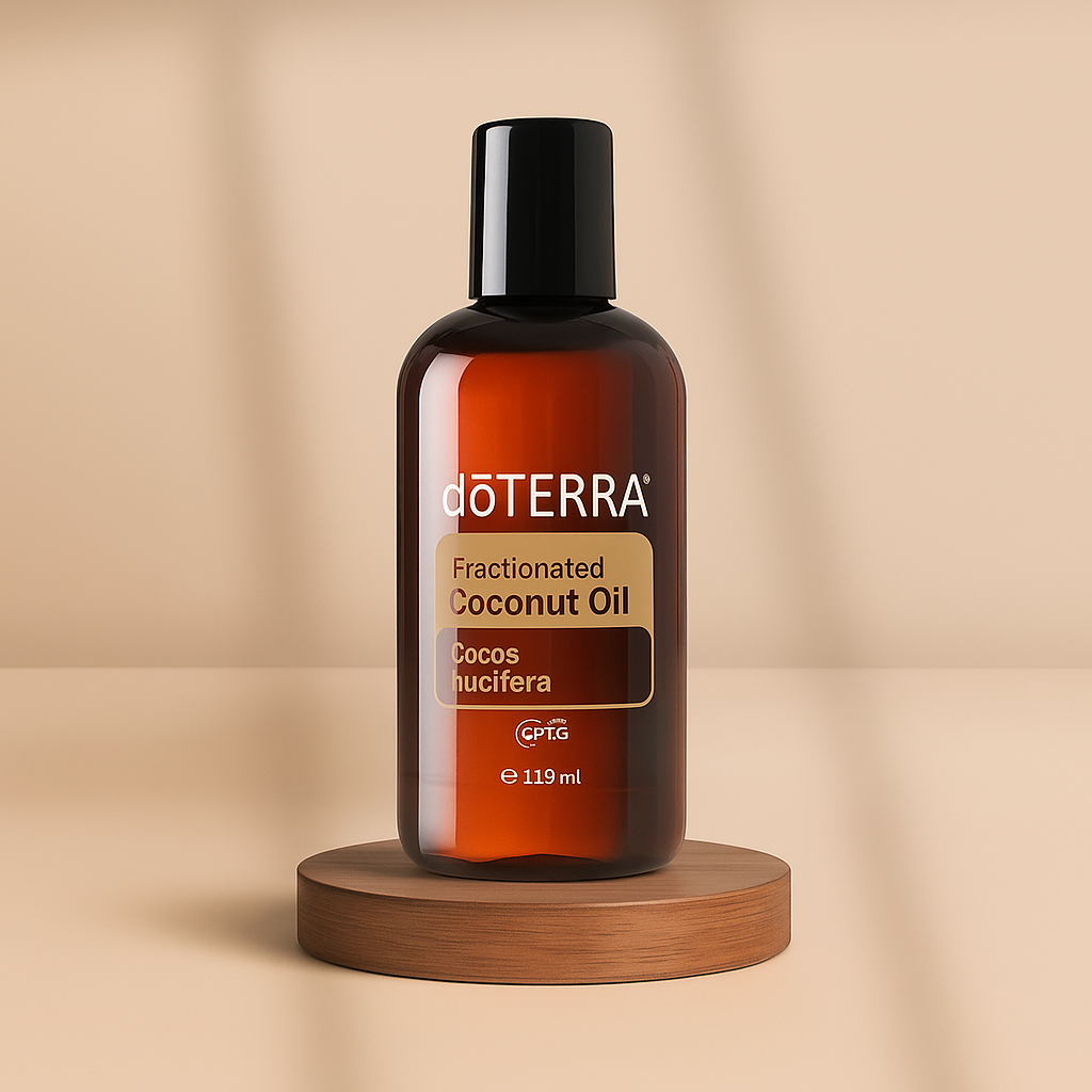 Braune 115-ml-Flasche dōTERRA Fractionated Coconut Oil – naturreines, leichtes Trägeröl für Hautpflege und Verdünnung ätherischer Öle.