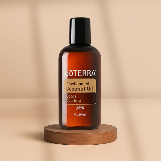 Braune 115-ml-Flasche dōTERRA Fractionated Coconut Oil – naturreines, leichtes Trägeröl für Hautpflege und Verdünnung ätherischer Öle.