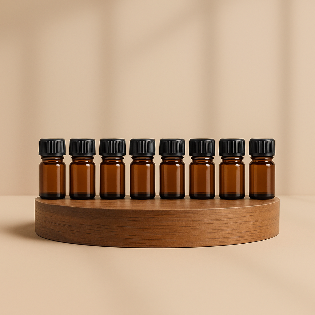 Set aus braunen 2-ml-Probefläschchen mit schwarzem Schraubdeckel – ideal zum Abfüllen, Teilen oder Aufbewahren ätherischer Öle.