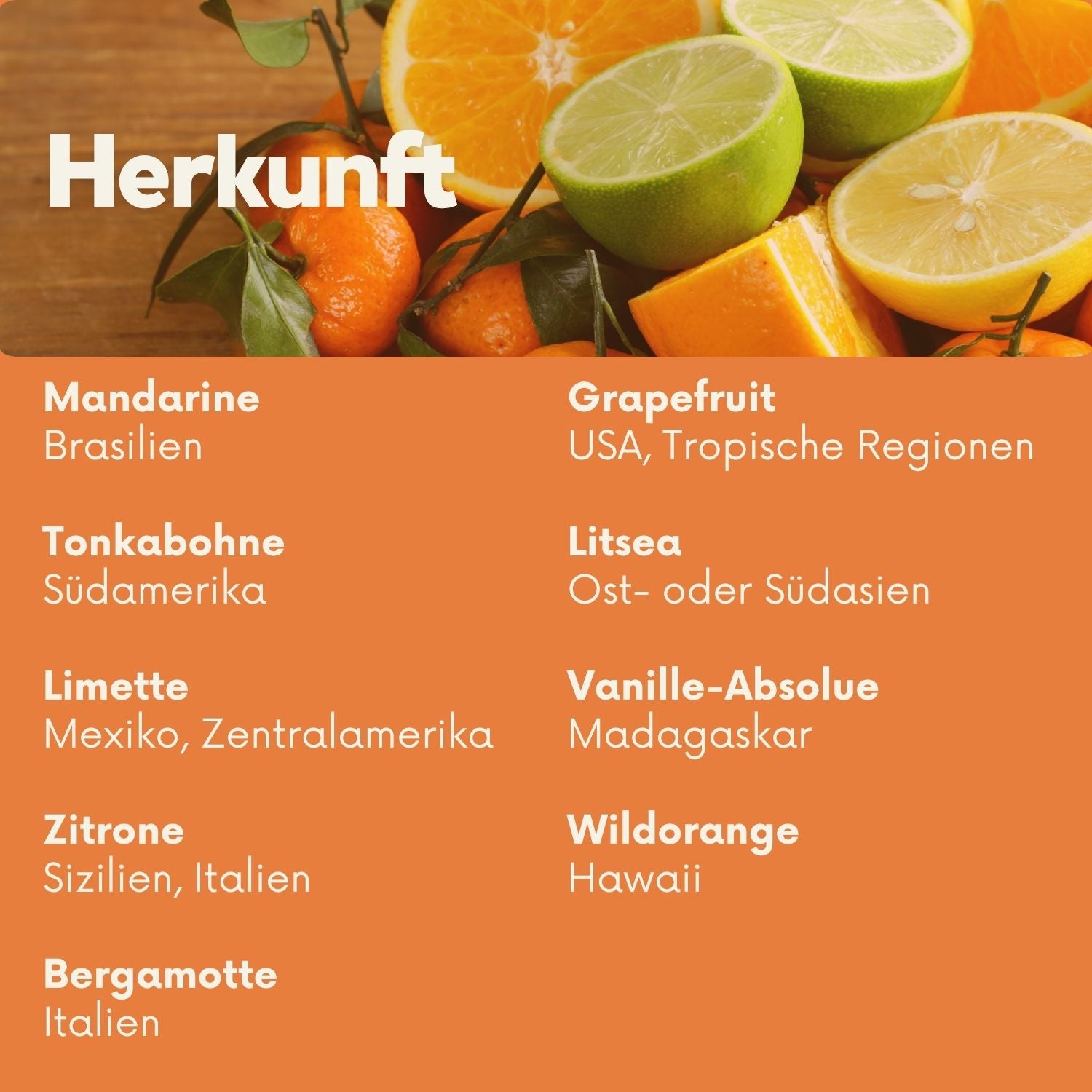 Herkunft der Citrus Bliss Inhaltsstoffe: Mandarine, Zitrone, Grapefruit, Bergamotte, Tonkabohne u. a. aus Brasilien, Italien, USA und Südamerika