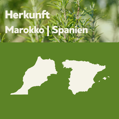 Herkunft des doTERRA Rosmarinöls – Marokko und Spanien, dargestellt mit Landkarten und Rosmarinpflanze im Hintergrund