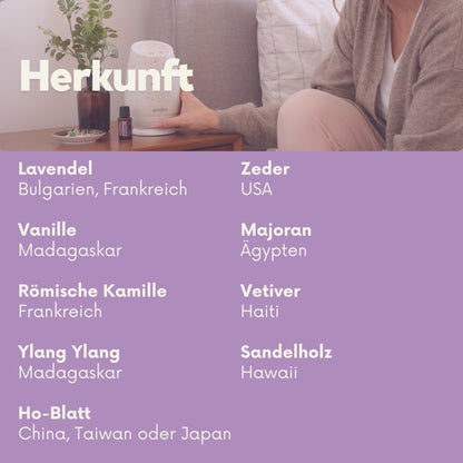 Herkunft der doTERRA Serenity Inhaltsstoffe – Lavendel, Vanille, Kamille, Zeder, Majoran, Vetiver, Ylang Ylang, Sandelholz, Ho-Blatt aus verschiedenen Ländern weltweit