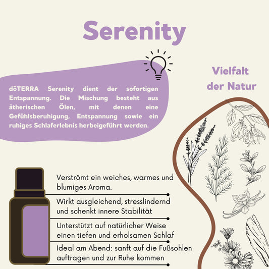 doTERRA Serenity Wirkung: entspannend, stresslindernd, schlaffördernd – ideal für abendliche Anwendung auf die Fußsohlen