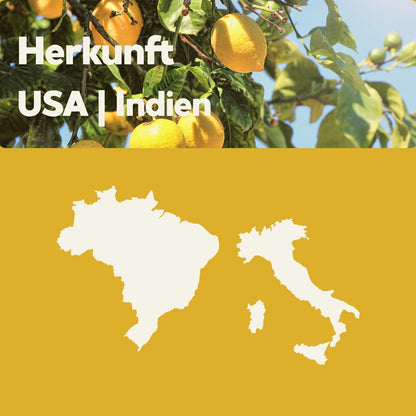 Zitronenöl Herkunft: USA und Indien – Zitronenbaum mit gelben Früchten und Weltkarten-Grafik